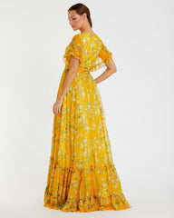 Yellow Multicolor Flounce Sleeve Floral Gown