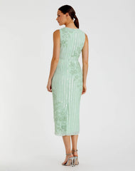 Green Striped Floral Embellished Sleeveless Midi Dress