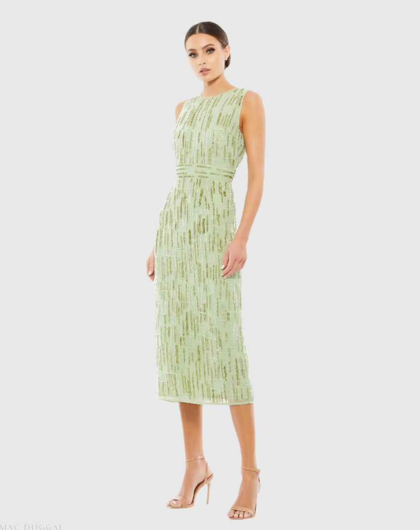 Green Abstract Beaded Sleeveless Midi Sheath Dress