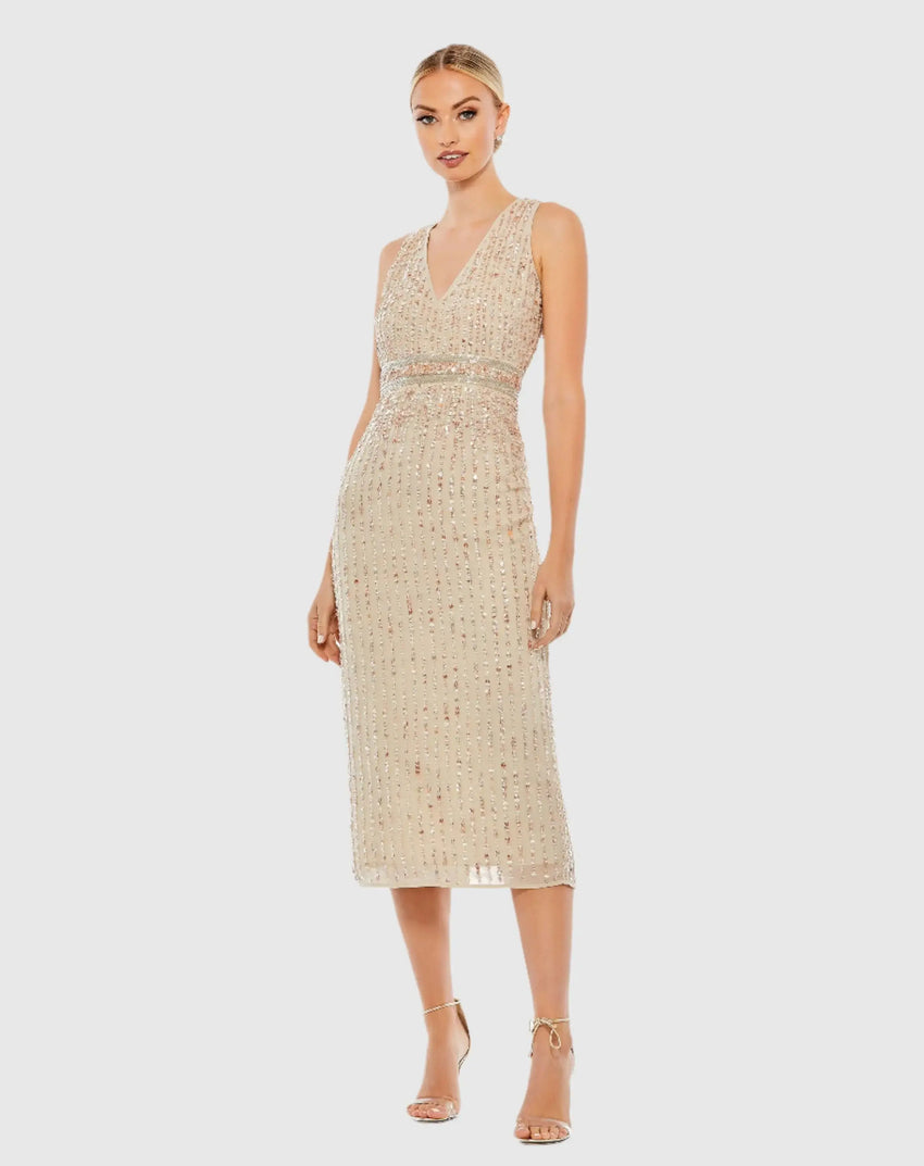 Beige Sequined Sleeveless V-Neck Midi Sheath Dress