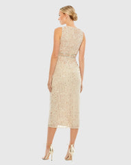 Beige Sequined Sleeveless V-Neck Midi Sheath Dress
