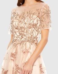 Pink Embellished Illusion Short Sleeve A Line Gown