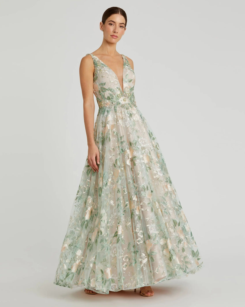 Multicolor Floral Embroidered Illusion V-Neck Gown