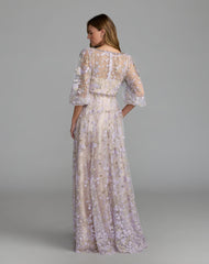 Purple Embroidered A-Line Gown With 3/4 Puff Sleeves