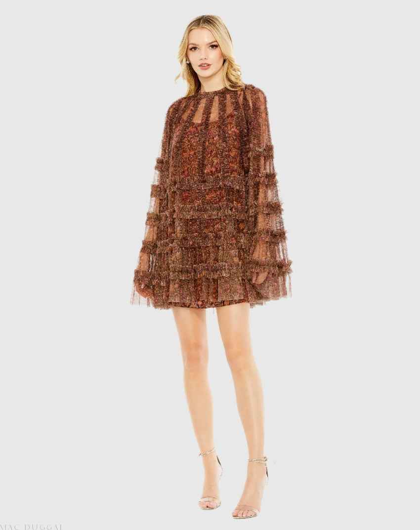 Floral Print Long Flare Sleeve Mesh A-Line Dress
