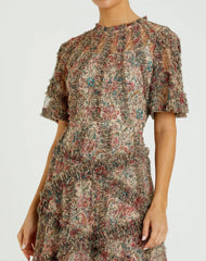 Beige Floral Midi Dress with Ruffle Detailing
