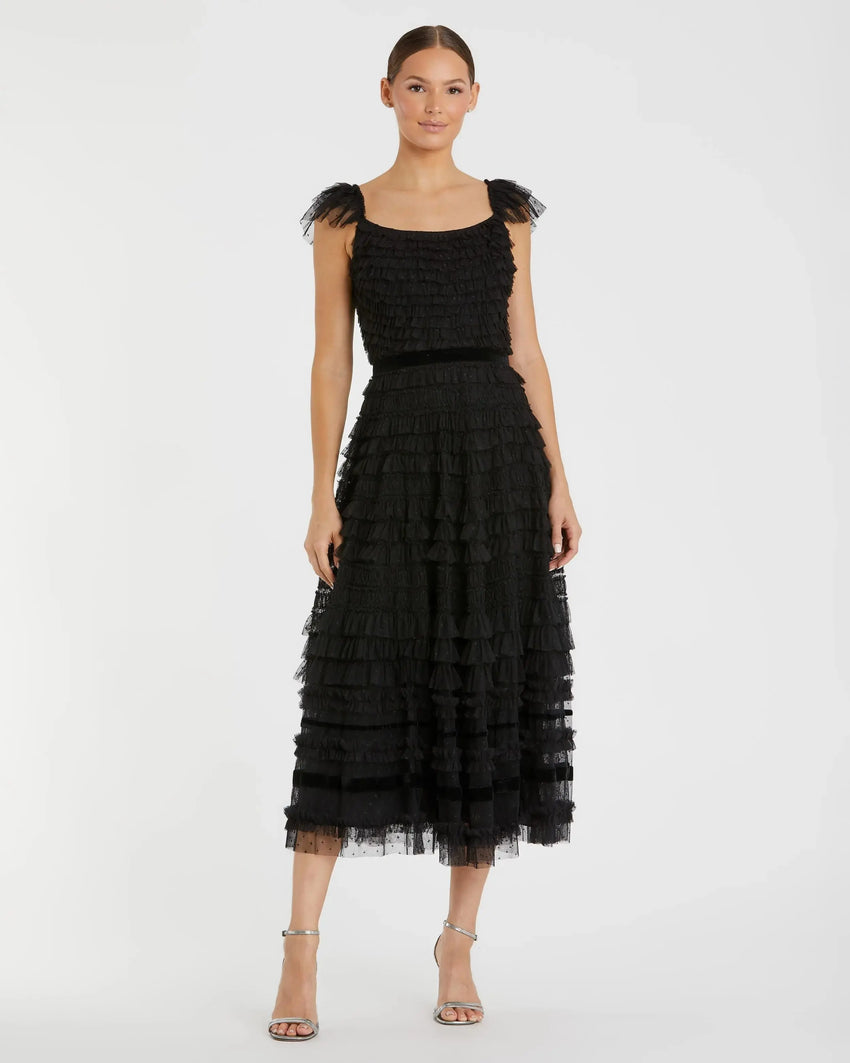 Black Ruffle Cap Sleeve Tiered Midi Dress