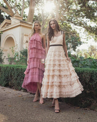Pink Lace Tiered Midi Dress with Bow Straps