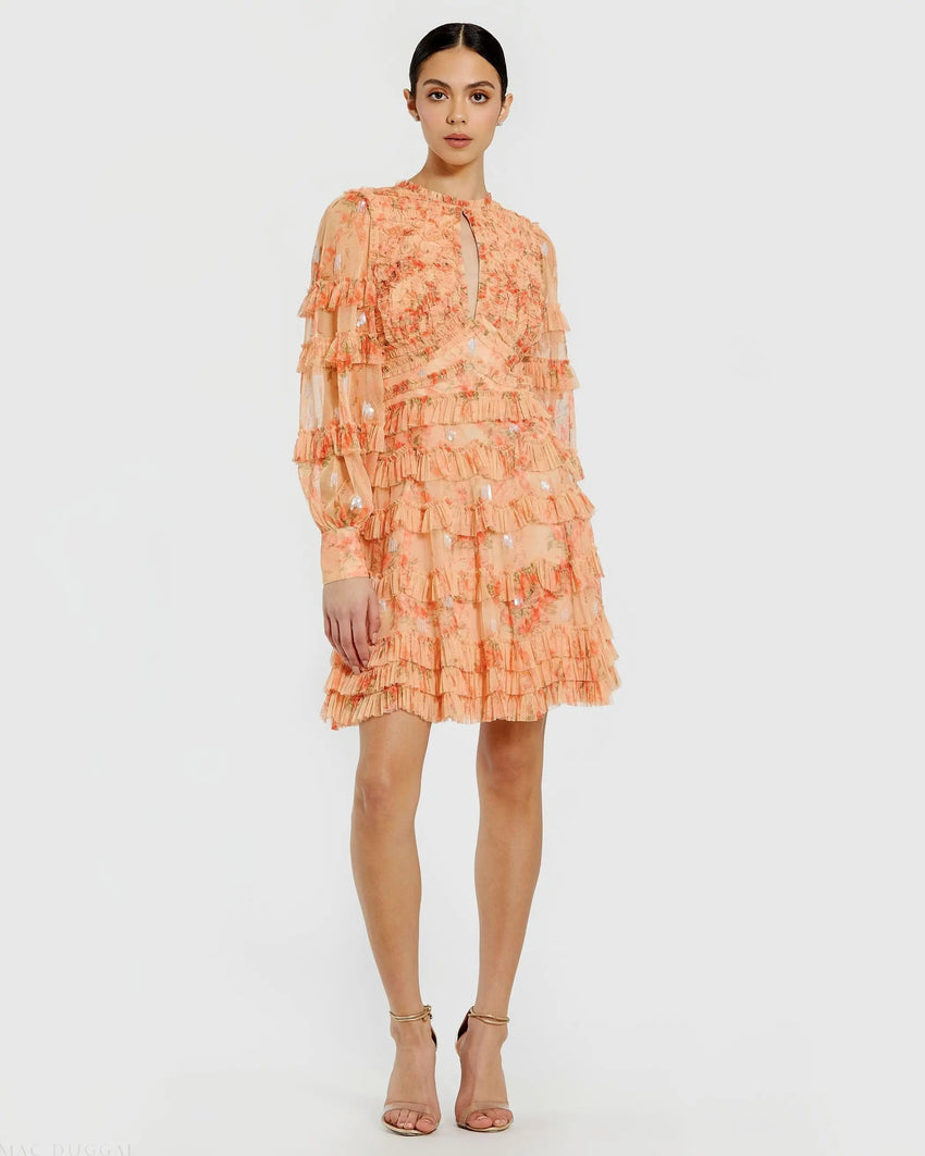 Orange Key Hole Detail Long Sleeve Dress