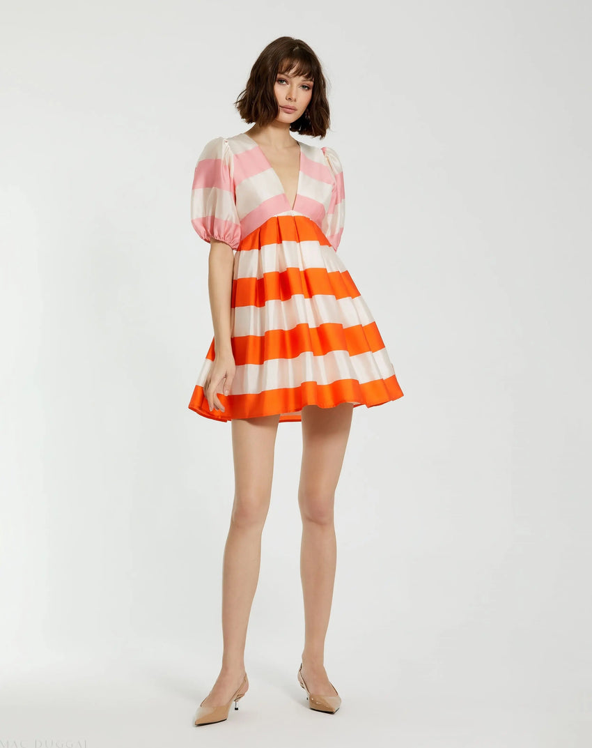 Multicolor Organza Striped Balloon Sleeve Mini Dress