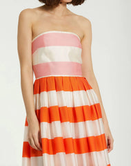 Multicolor Striped Organza Strapless Ruffle Gown