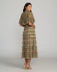 Olive Floral Ruffle Midi Dress With Cape