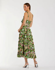 Green Ruffle Floral Square Neck Midi Dress