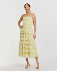 Yellow Micro Ruffle Strapless Midi Dress