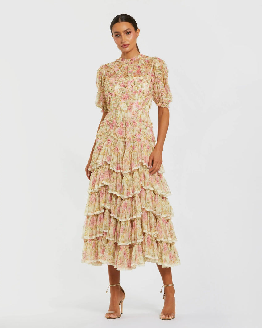 Beige Floral High Neck Midi Dress with Lace Trim