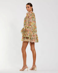 Multicolor Printed Mesh Ruffle High Neck Mini Dress