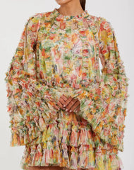 Multicolor Printed Mesh Ruffle High Neck Mini Dress