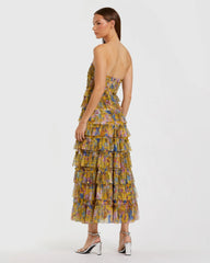 Yellow Floral Strapless Ruffle Midi Dress