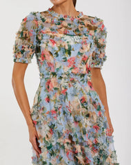 Blue Floral Mesh Ruffle High Neck Midi Dress