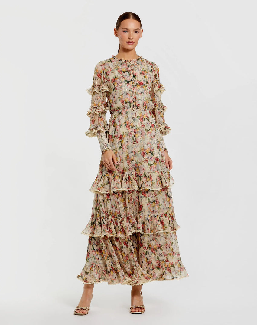 Beige Floral Tiered Ruffle Midi Dress with Long Sleeves