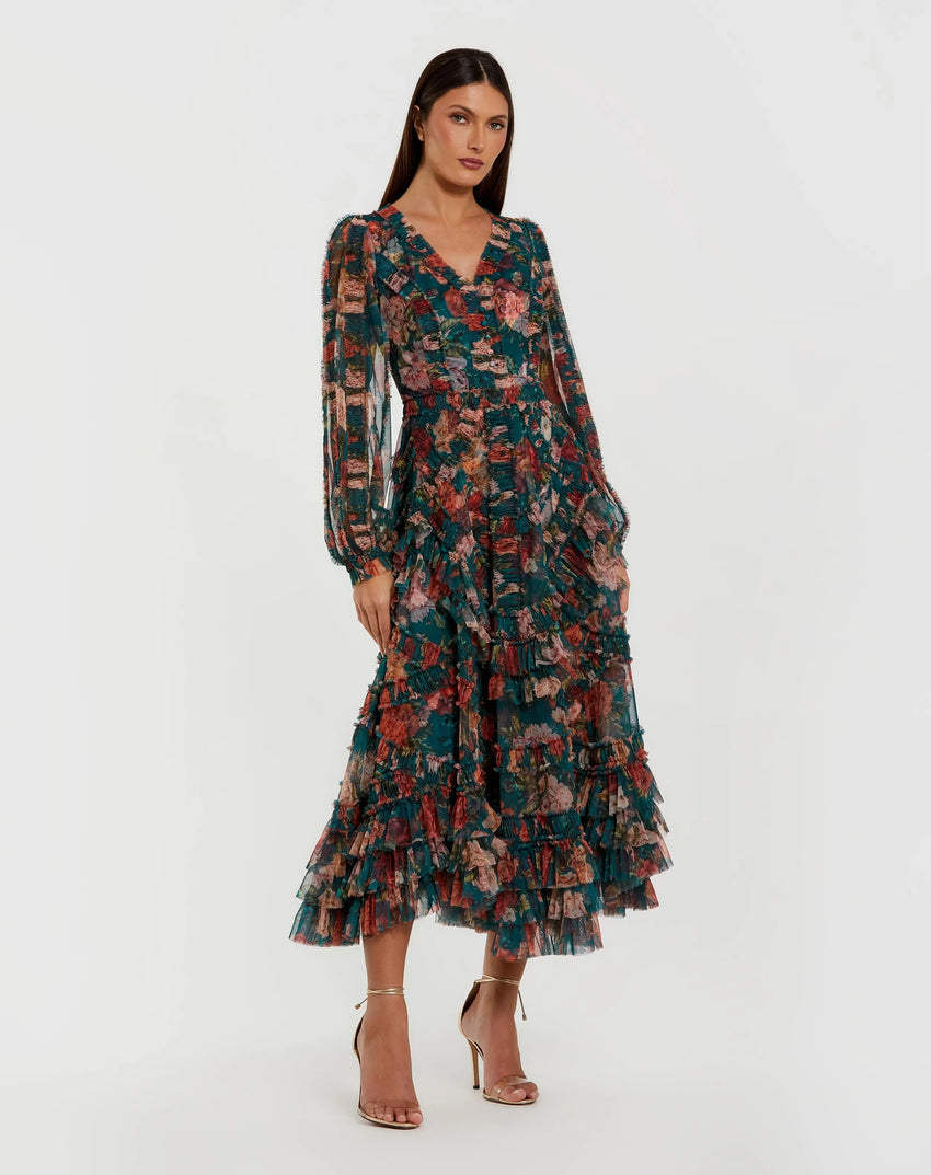 Teal Long Sleeve Floral Midi Dress With Ruffles