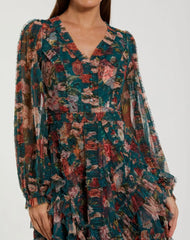 Teal Long Sleeve Floral Midi Dress With Ruffles