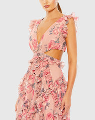 Pink Ruffled Cut Out Cap Sleeve V Neck Gown
