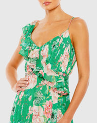 Green Floral Print Ruffled Wrap Over A Line Gown - FINAL SALE