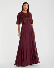 Red Beaded Cape A-Line Gown