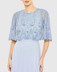 Blue Beaded Cape A-Line Gown