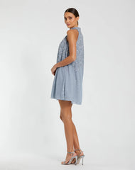 Blue High Neck Sleeveless Sequin Embellished Trapeze Dress