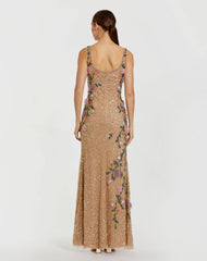 Beige Floral Beaded Scoop Neck Sleeveless Gown