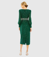 Green Sequined V Neck Bishop Sleeve Dress