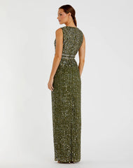 Olive Sequined High Neck Sleeveless Column Gown