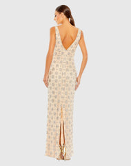 Beige Sleeveless Hand Beaded V-Neck Gown