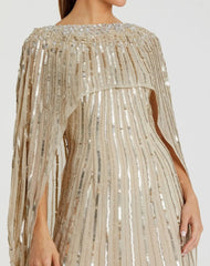 Gold Embellished Beaded Column Cape Gown