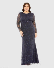 Navy Long Sleeve Mesh Embellished Gown