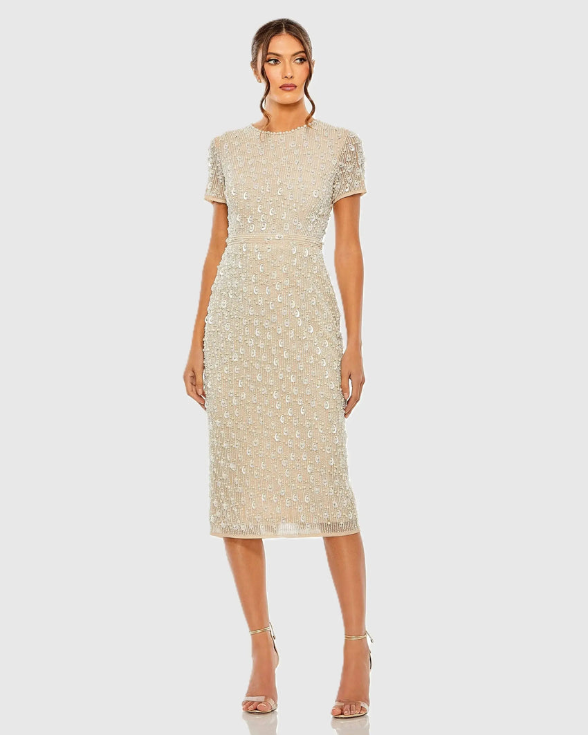 Beige High Neck Short Sleeve Embellished Midi Sheath Dress
