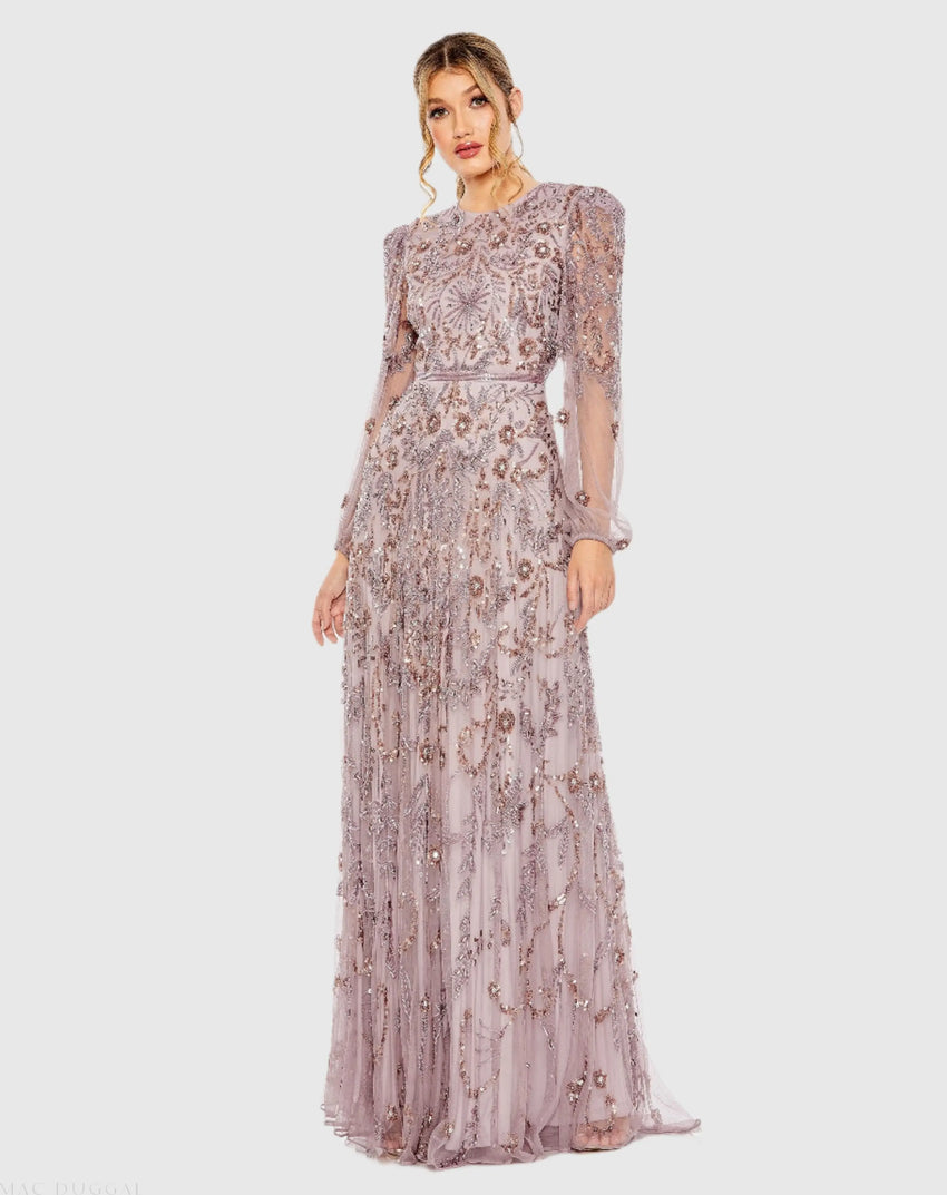 Purple Puff Sleeve Embellished A Line Gown