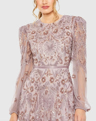 Purple Puff Sleeve Embellished A Line Gown