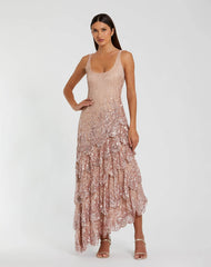 Pink Asymmetrical Scallop Hem Embellished Dress