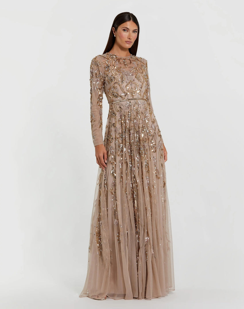 Beige Long Sleeve Hand Embellished Gown