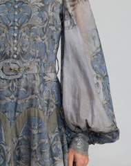 Slate Blue Bishop Sleeve Printed Cotton A-Line Dress