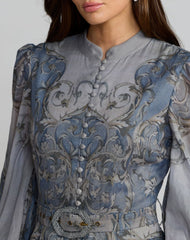 Slate Blue Bishop Sleeve Printed Cotton A-Line Dress