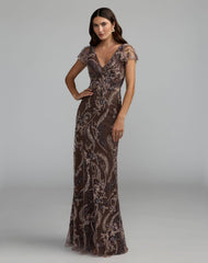 Petite Brown V-Neck Flutter Sleeve Floral Embroidered Gown