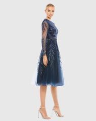 Navy Embellished Tea-Length Illusion Cocktail Dress