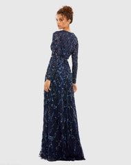 Navy Embellished Illusion High Neck Long Sleeve A Line Gown