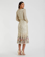 Gold Multicolor Faux Wrap Long Sleeve Tea Length Dress - FINAL SALE