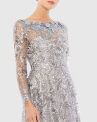 Gray Embroidered Illusion Neckline A-Line Evening Gown