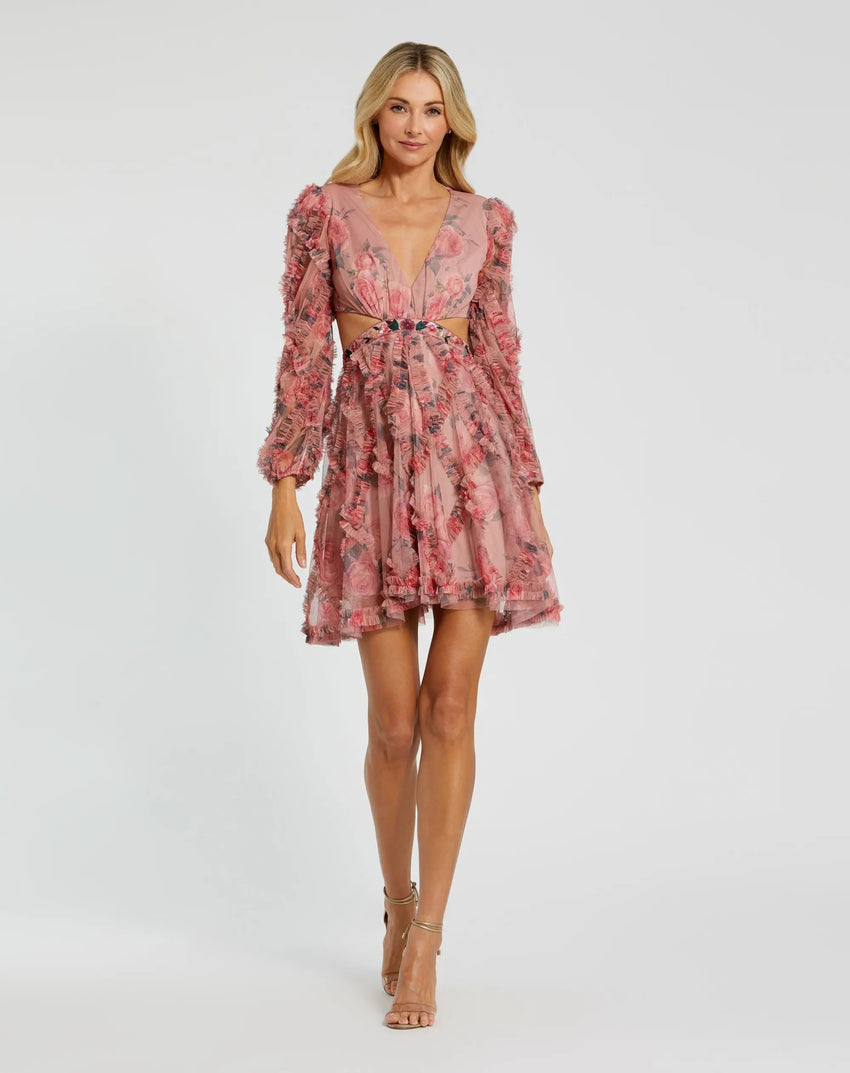 Pink Long Sleeve V Neck Cut Out Mesh Mini Dress